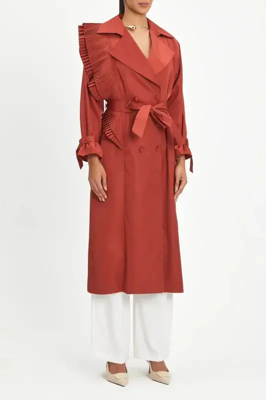 Pleated Detail Long-Belted and Double-Buttoned Stylish Terracotta Trench Coat 40127 - SERPIL