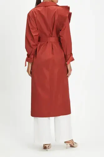 Pleated Detail Long-Belted and Double-Buttoned Stylish Terracotta Trench Coat 40127 - 2