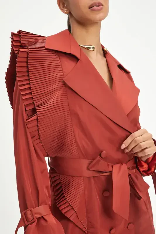 Pleated Detail Long-Belted and Double-Buttoned Stylish Terracotta Trench Coat 40127 - 3