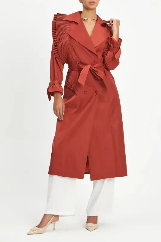 Pleated Detail Long-Belted and Double-Buttoned Stylish Terracotta Trench Coat 40127 - 4