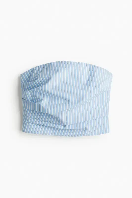 Pleated Detailed Bandeau Top-Light Blue/Striped - H&M