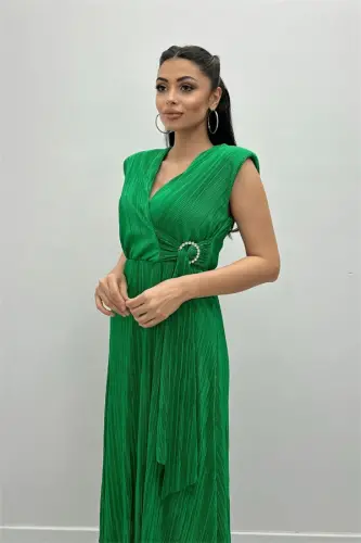 Pleated Fabric Elastic Waist Belted Dress - GREEN - 3