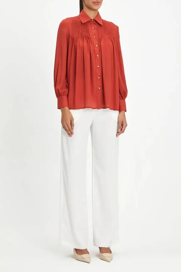Pleated Long Sleeve Classic Button-Down Brick Shirt 40025 - 1