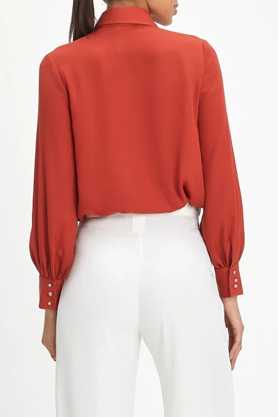 Pleated Long Sleeve Classic Button-Down Brick Shirt 40025 - 2