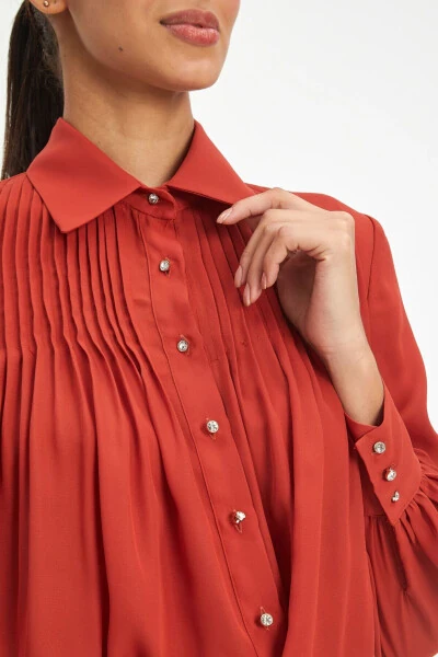 Pleated Long Sleeve Classic Button-Down Brick Shirt 40025 - 3