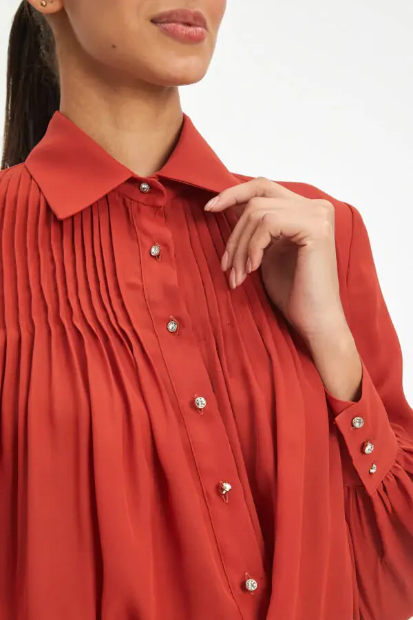 Pleated Long Sleeve Classic Button-Down Brick Shirt 40025 - 3