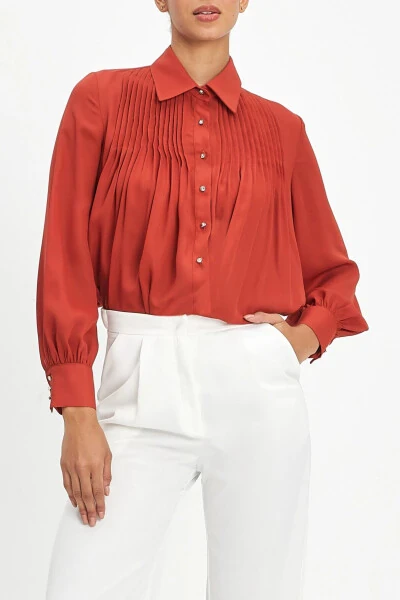 Pleated Long Sleeve Classic Button-Down Brick Shirt 40025 - 4