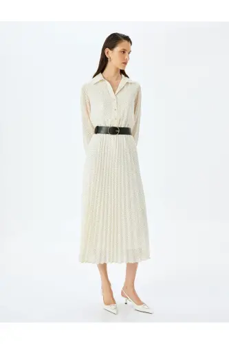 Pleated Long Sleeve Polka Dot Midi Shirt Dress - 3