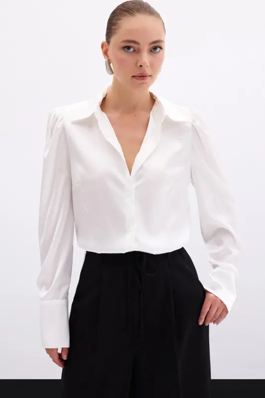 Pleated Satin Shirt - Ecru - SATEEN