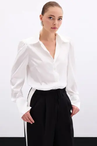 Pleated Satin Shirt - Ecru - 6