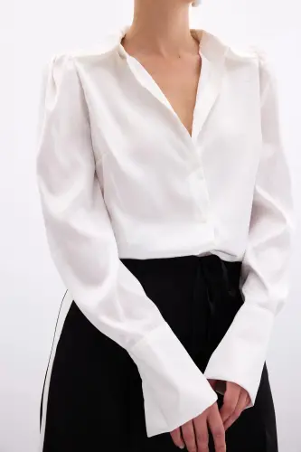Pleated Satin Shirt - Ecru - 7