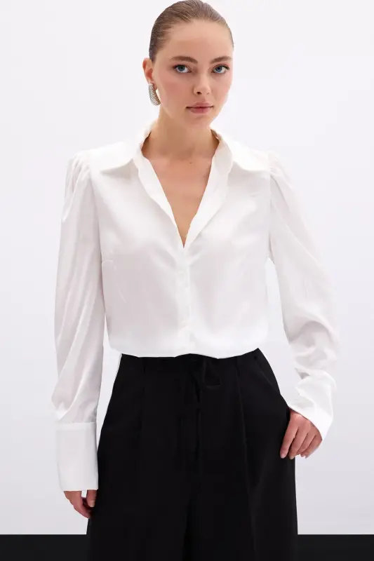 Pleated Satin Shirt - Ecru - SATEEN