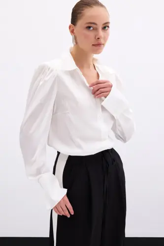 Pleated Satin Shirt - Ecru - 3