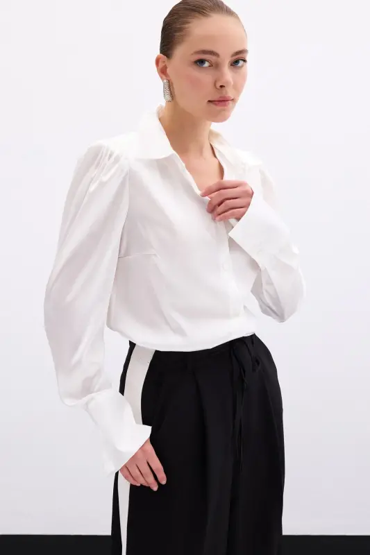 Pleated Satin Shirt - Ecru - 3