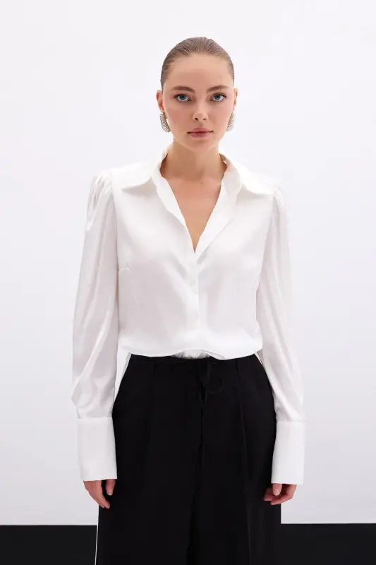Pleated Satin Shirt - Ecru - 4