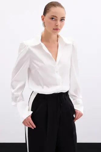 Pleated Satin Shirt - Ecru - 6