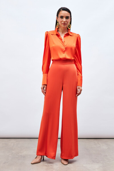 Pleated Satin Shirt - ORANGE - 5