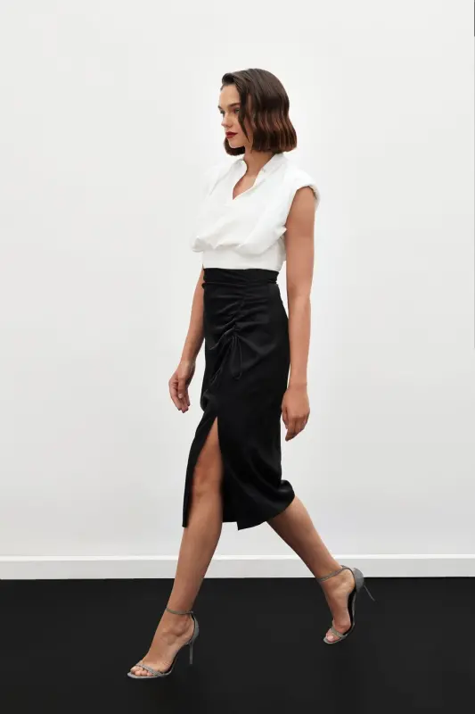 Pleated Satin Skirt - Black - SATEEN