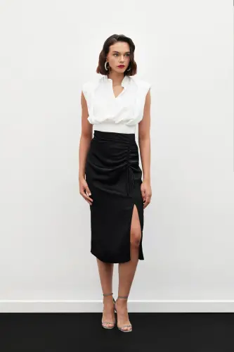 Pleated Satin Skirt - Black - 3
