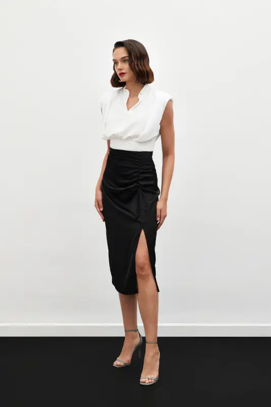 Pleated Satin Skirt - Black - 4