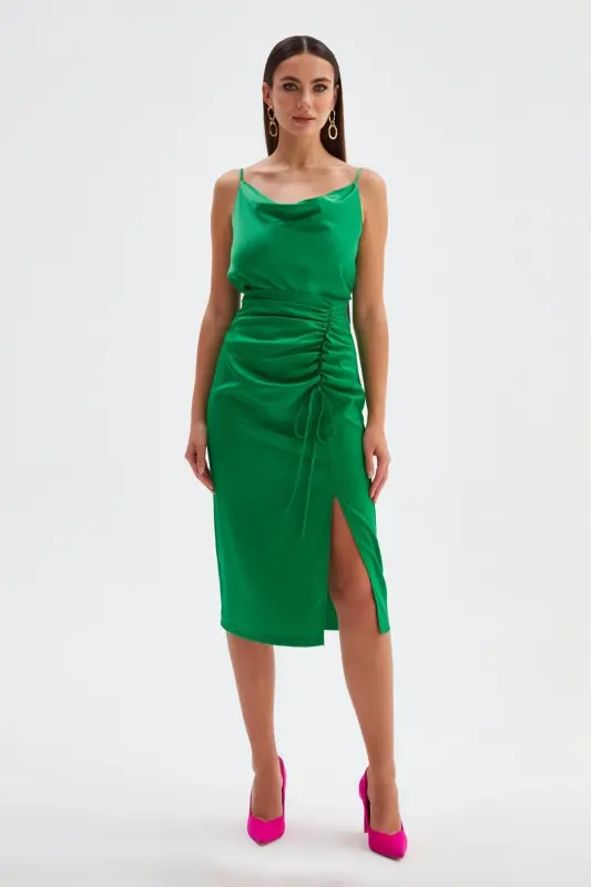 Pleated Satin Skirt - Emerald - 3