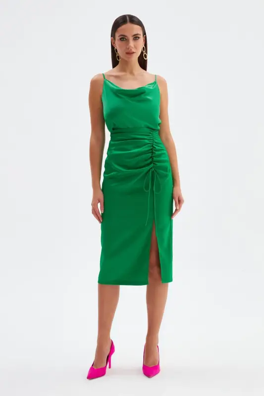 Pleated Satin Skirt - Emerald - 4