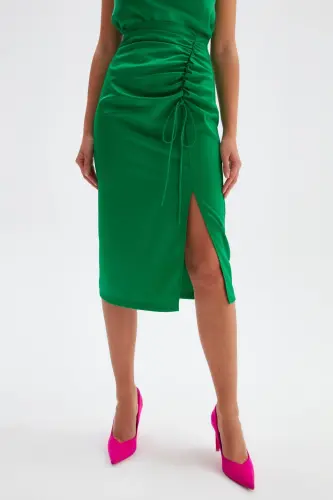 Pleated Satin Skirt - Emerald - 5