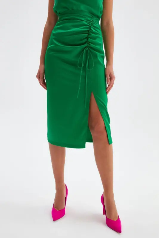 Pleated Satin Skirt - Emerald - 5