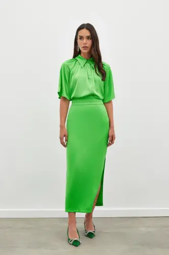 Pleated Satin Skirt with Belt Detail - LIGHT GREEN - 1