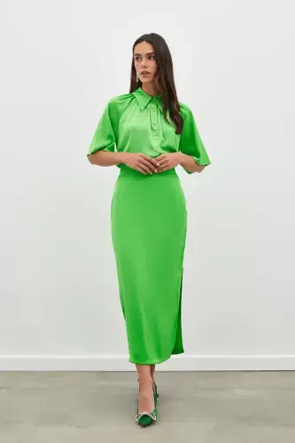 Pleated Satin Skirt with Belt Detail - LIGHT GREEN - SATEEN (1)