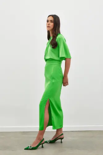 Pleated Satin Skirt with Belt Detail - LIGHT GREEN - 3