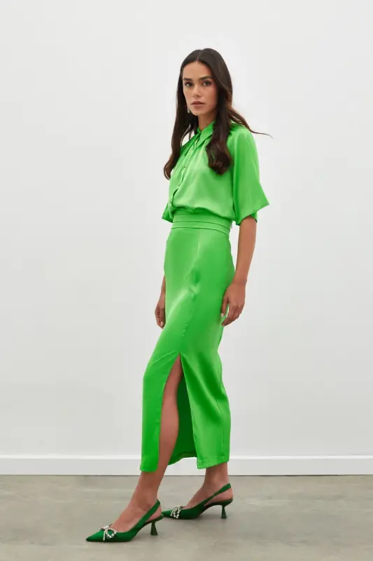 Pleated Satin Skirt with Belt Detail - LIGHT GREEN - 4