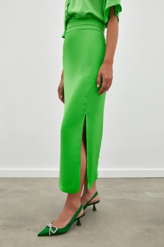 Pleated Satin Skirt with Belt Detail - LIGHT GREEN - 5