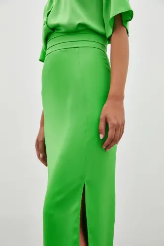 Pleated Satin Skirt with Belt Detail - LIGHT GREEN - 6