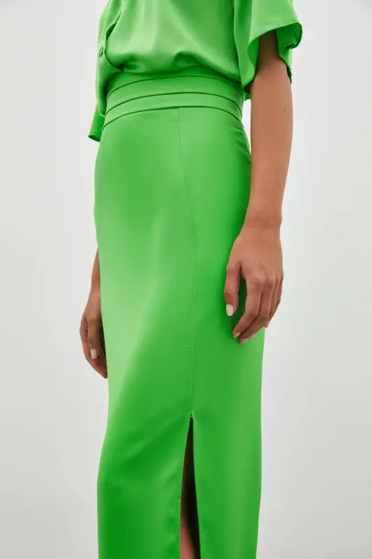 Pleated Satin Skirt with Belt Detail - LIGHT GREEN - 6