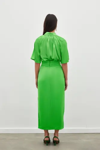 Pleated Satin Skirt with Belt Detail - LIGHT GREEN - 7