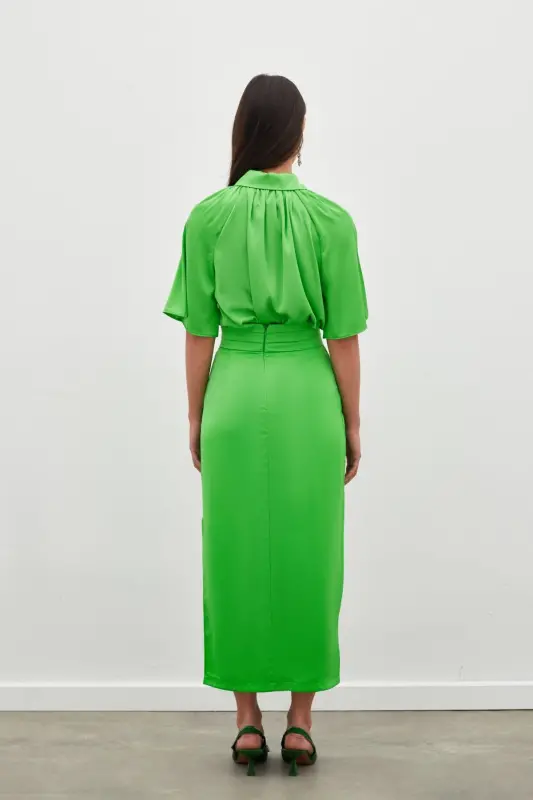 Pleated Satin Skirt with Belt Detail - LIGHT GREEN - 7