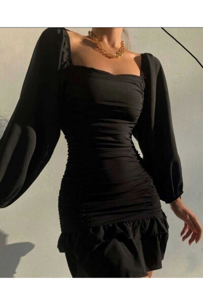 Pleated Skirt Long Sleeve Flexible Crepe Fabric Black Evening Dress - 4