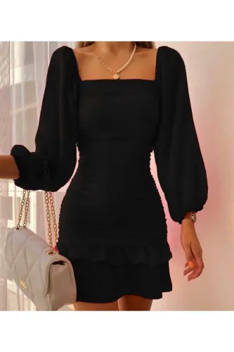 Pleated Skirt Long Sleeve Flexible Crepe Fabric Black Evening Dress - SECRET PASSION LINGERIE (1)