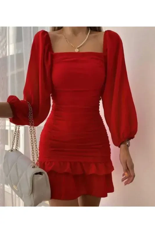 Pleated Skirt Long Sleeve Flexible Crepe Fabric Red Evening Dress Night Dress Mini Dress 581878 639-RED MINI - SECRET PASSION LINGERIE
