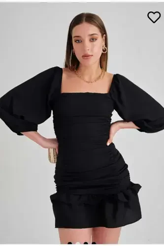 Pleated Skirt Long Sleeve Stretch Crepe Fabric Black Evening & Graduation Dress Mini Dress 581878 639-BLACK 639 - 1