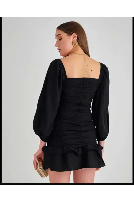 Pleated Skirt Long Sleeve Stretch Crepe Fabric Black Evening & Graduation Dress Mini Dress 581878 639-BLACK 639 - 2