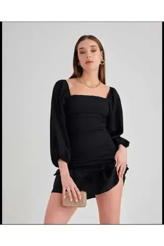 Pleated Skirt Long Sleeve Stretch Crepe Fabric Black Evening & Graduation Dress Mini Dress 581878 639-BLACK 639 - 3