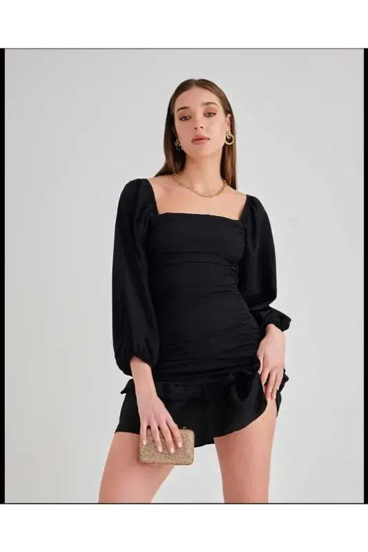 Pleated Skirt Long Sleeve Stretch Crepe Fabric Black Evening & Graduation Dress Mini Dress 581878 639-BLACK 639 - 3