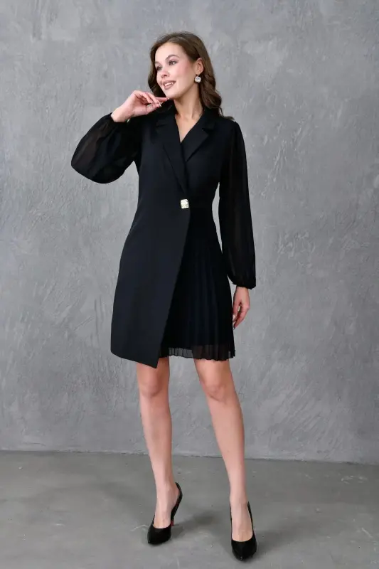 Pleated Skirt Wrap Jacket with Tulle Detail on the Collar and Sleeves - 6