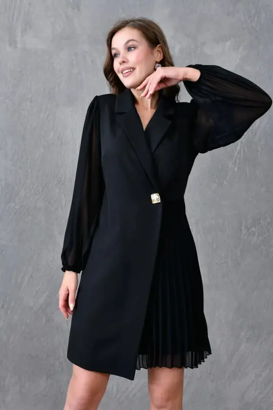 Pleated Skirt Wrap Jacket with Tulle Detail on the Collar and Sleeves - 7