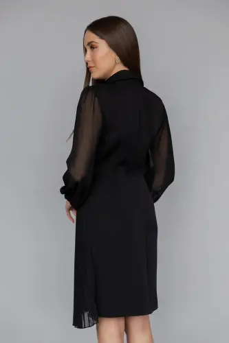Pleated Skirt Wrap Jacket with Tulle Detail on the Collar and Sleeves - 4