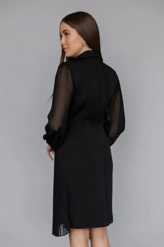 Pleated Skirt Wrap Jacket with Tulle Detail on the Collar and Sleeves - 4