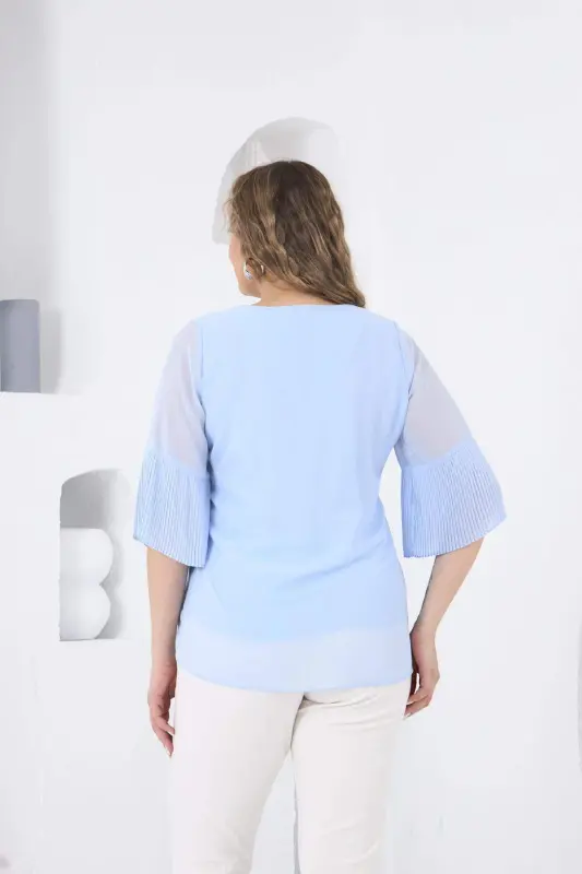 Pleated Sleeve Plus Size Baby Blue Blouse - 7