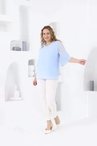 Pleated Sleeve Plus Size Baby Blue Blouse - 8